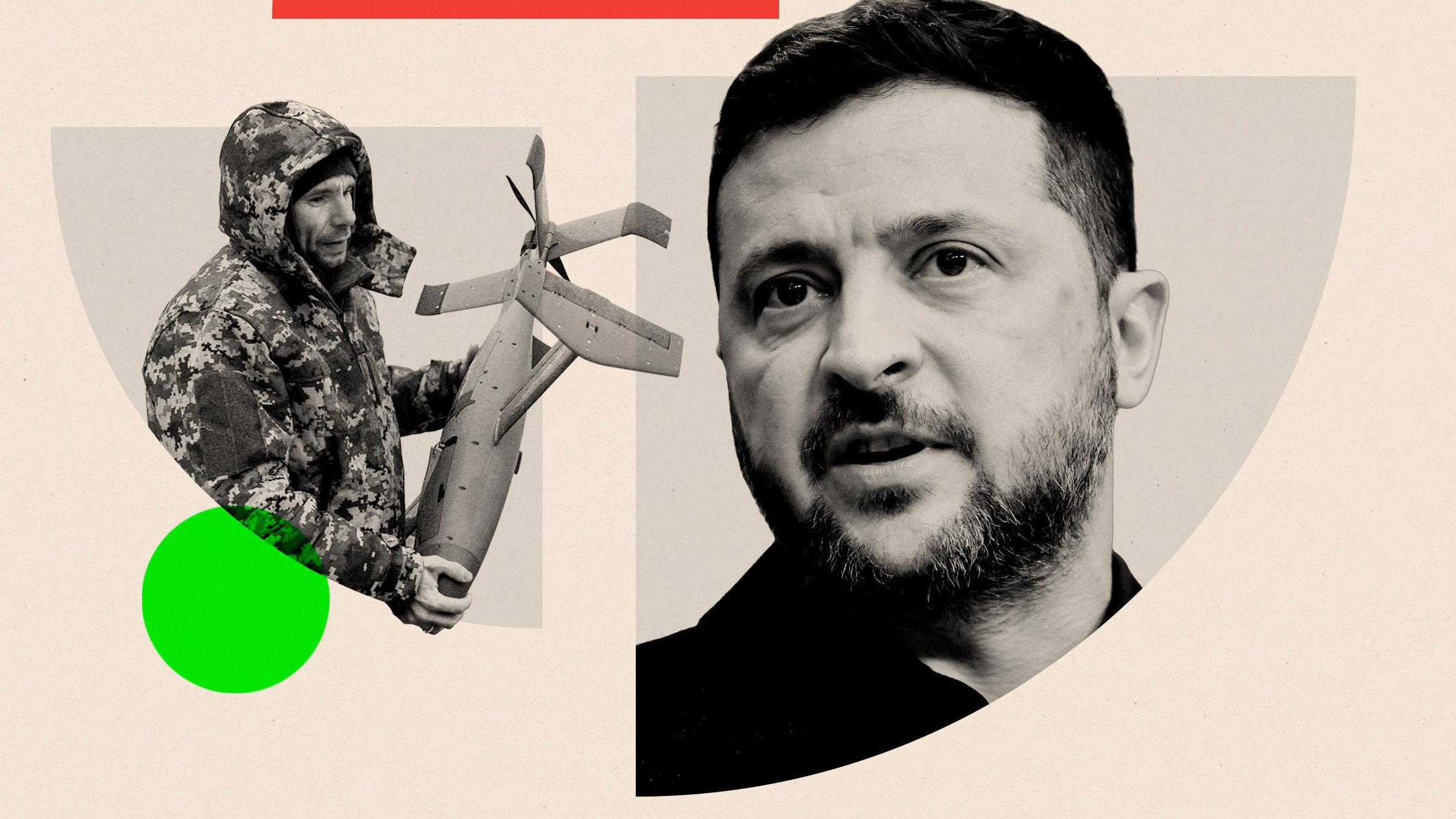 A composite image including Zelensky and Ukrainian drones