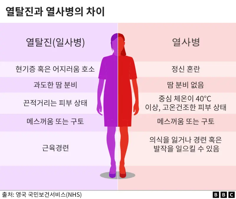 일사병과 열사병의 차이를 나타낸 표