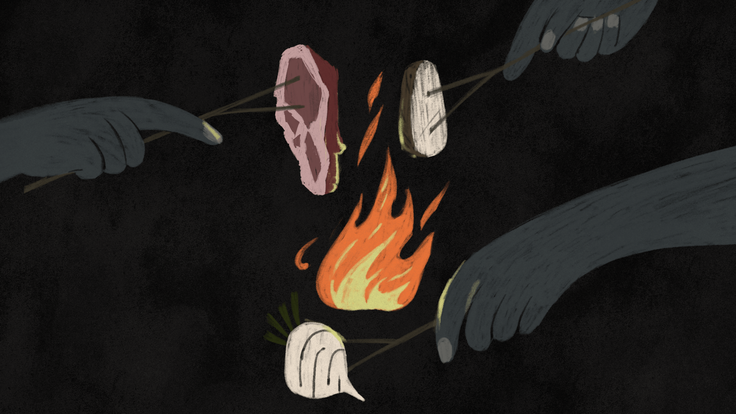 Ilustração de mãos cozinhando no fogo