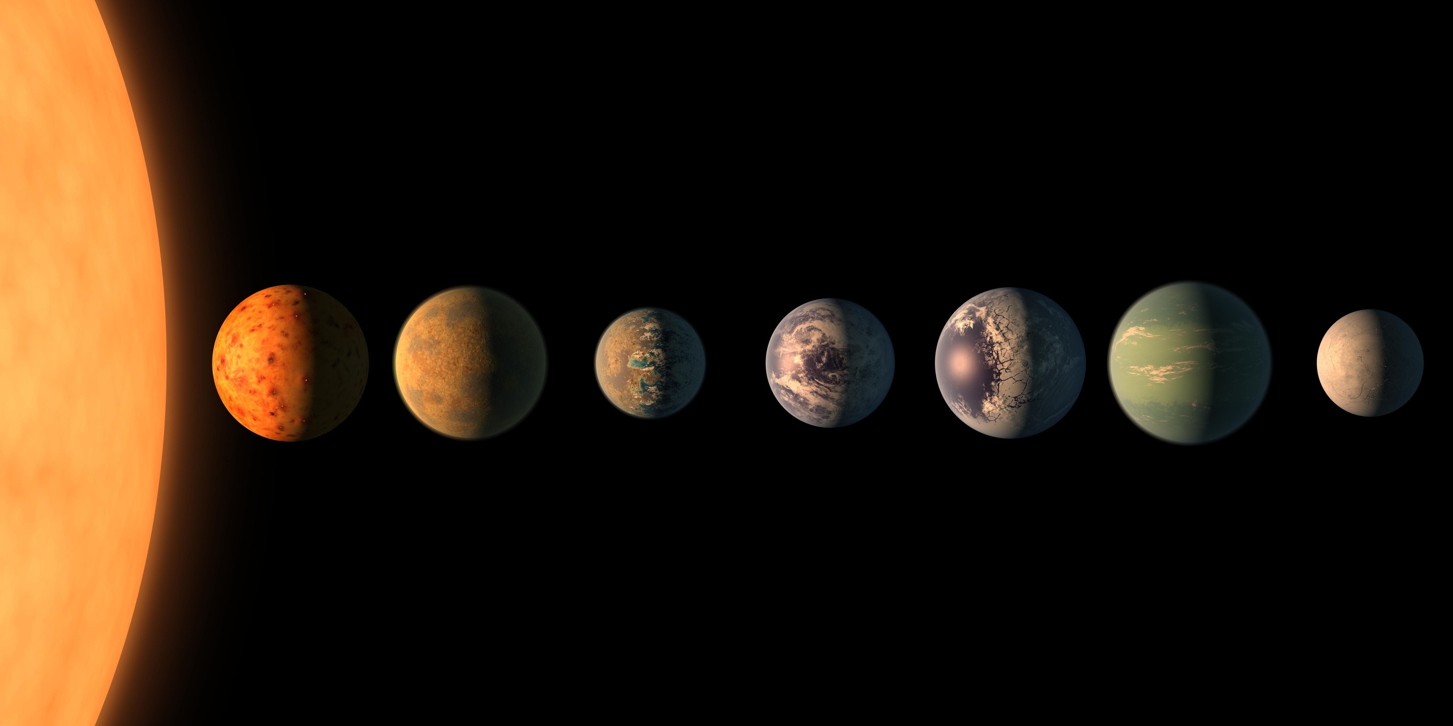 Esta ilustração artística mostra como o sistema planetário TRAPPIST-1 pode ser