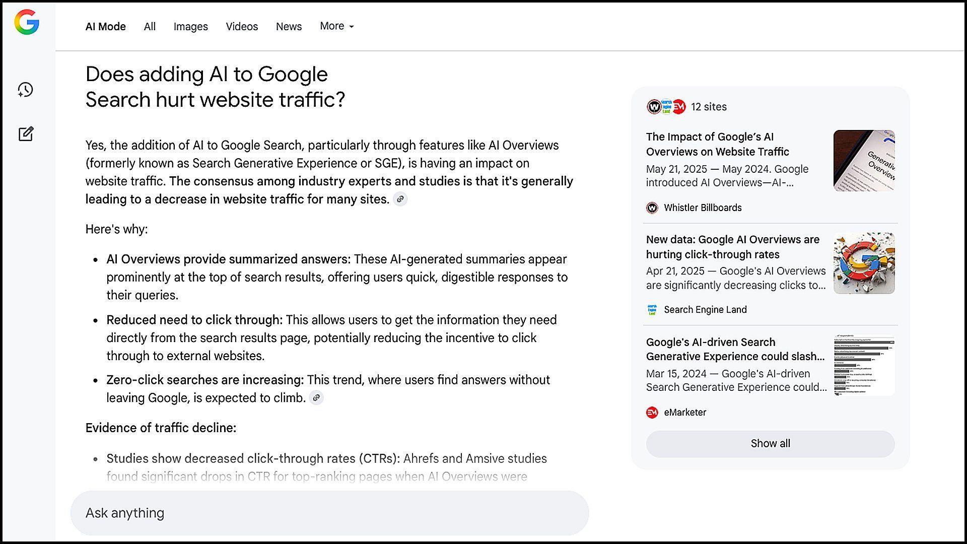Una consulta a Modo IA en inglés sobre cómo afectará al tráfico en internet