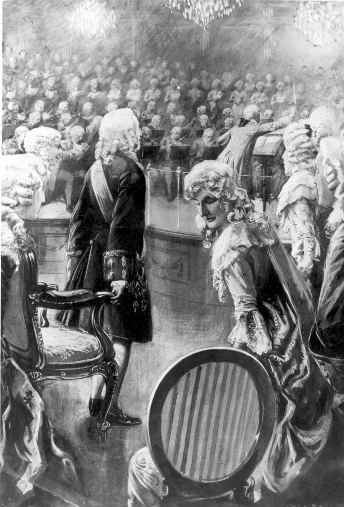 Ilustración del siglo XVIII que muestra al rey Jorge II de pie al escuchar el coro del "Aleluya".