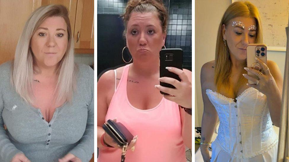 Tr&ecirc;s fotos de Tanya em diferentes est&aacute;gios de sua perda de peso. Na primeira foto, &agrave; esquerda, ela est&aacute; usando uma blusa cinza; na foto do meio, ela est&aacute; na academia; e na terceira foto, ela j&aacute; emagreceu, est&aacute; usando um top corset branco e sorrindo para a c&acirc;mera.