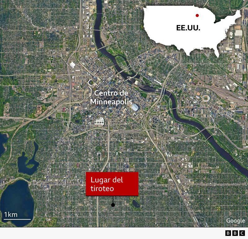 mapa de donde queda minneapolis y el lugar del tiroteo 