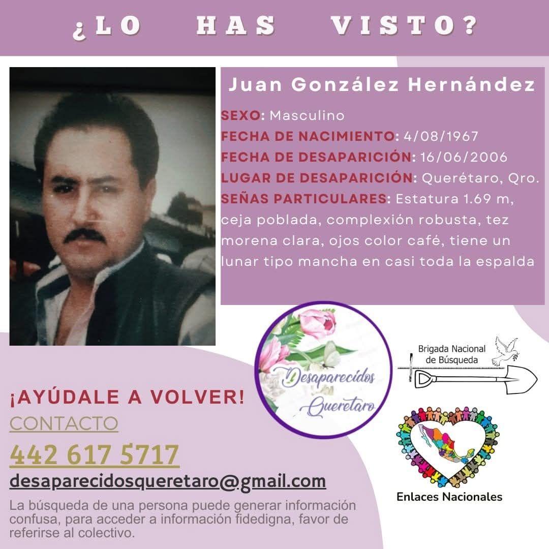 Afiche con información sobre el hermano de yadira gonzález que utilizan en el proceso de búsqueda. Tiene la imagen de Juan González Hernández y describe su físico.