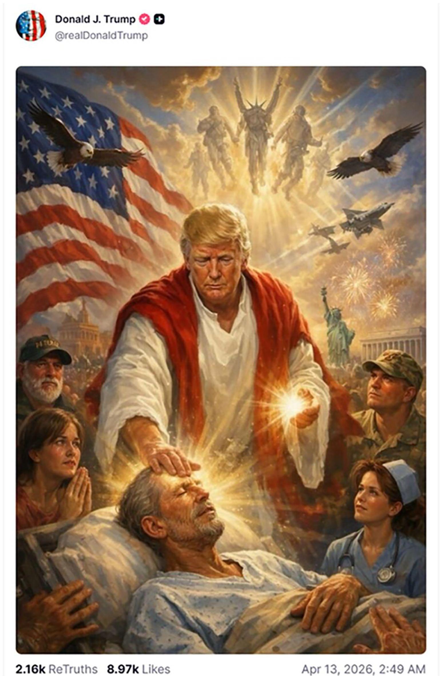 Una imagen ampliamente identificada como generada por IA muestra a Trump como una figura similar a Jesús que parece “sanar” a un hombre.

