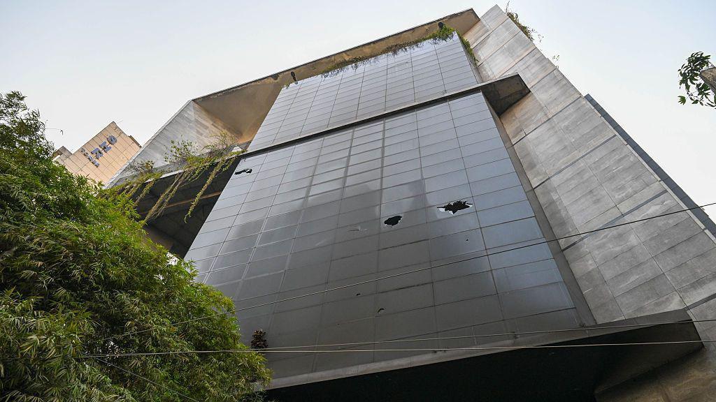 A general view of the multi-storey The Daily Star building, after it was attacked, vandalized, and set ablaze in Dhaka. 