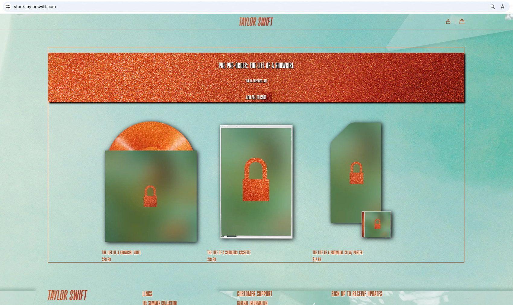 Captura de tela do site de Taylor Swift mostra links para compra de vinis, fitas cassete e pôsteres de seu novo álbum, 'The Life of a Showgirl', com imagens barradas da capa