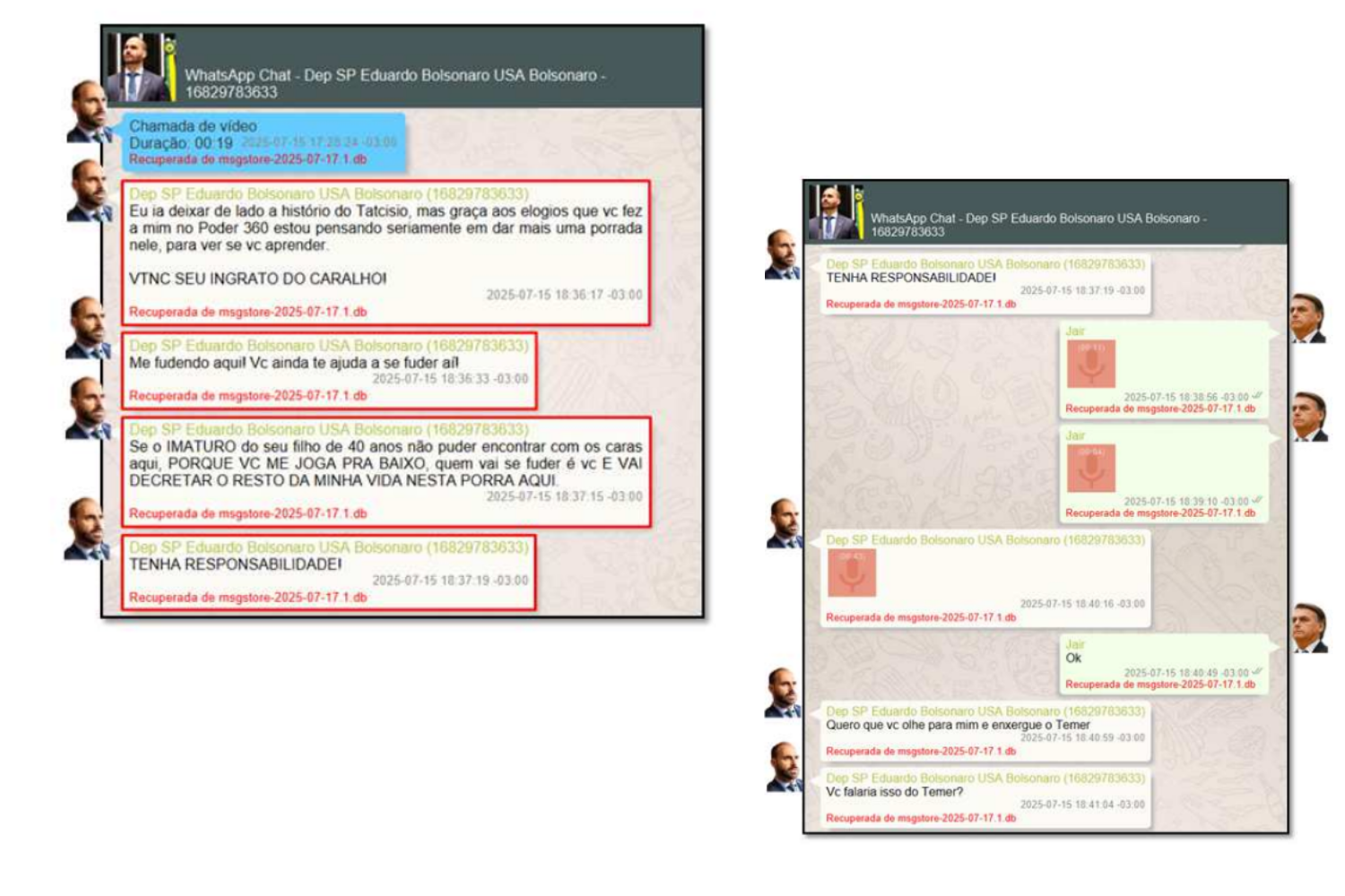 Captura das mensagens entre Jair Bolsonaro e Eduardo Bolsonaro reveladas pela PF