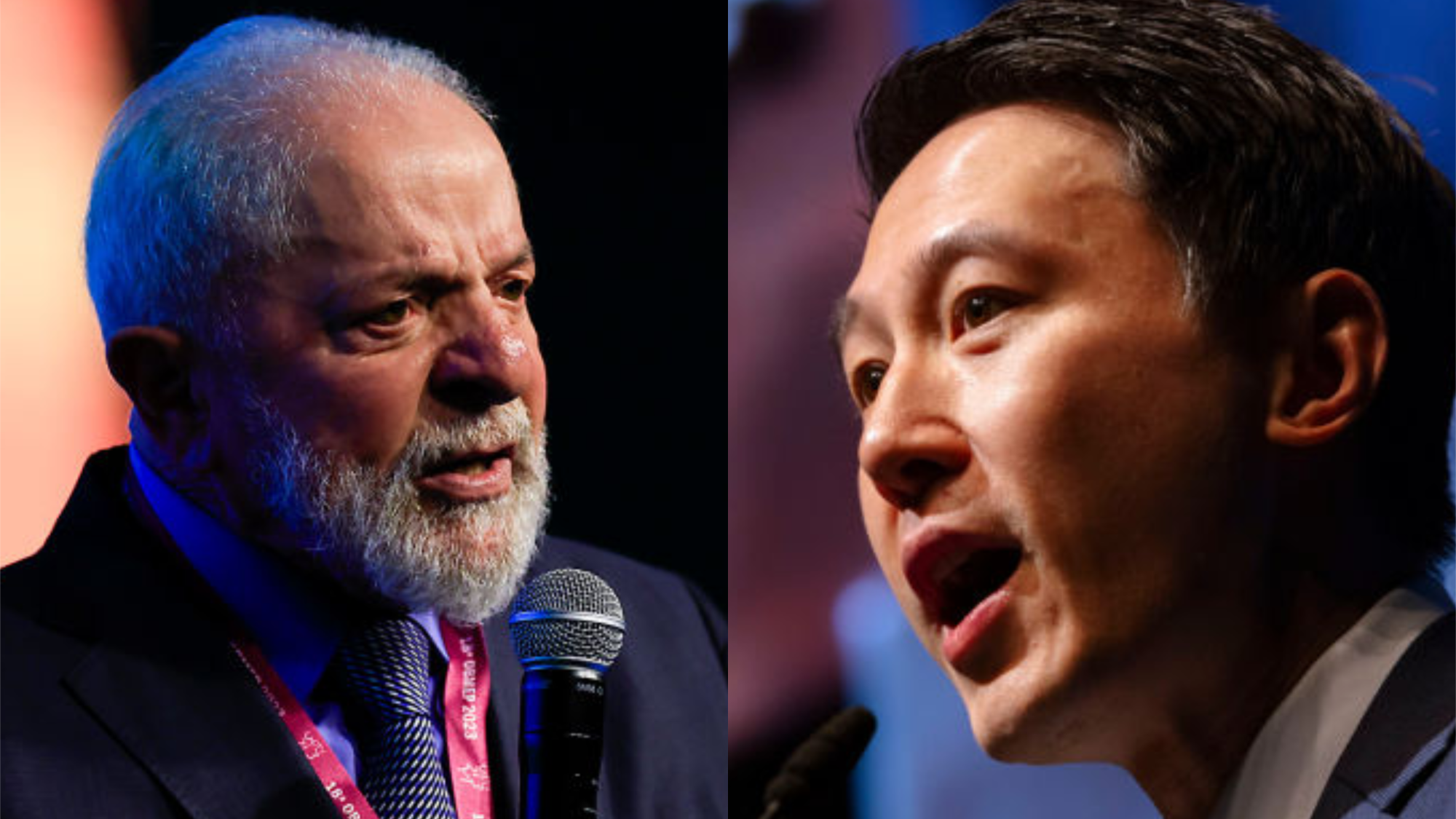 Colagem com fotos de Lula e Shou Zi Chew