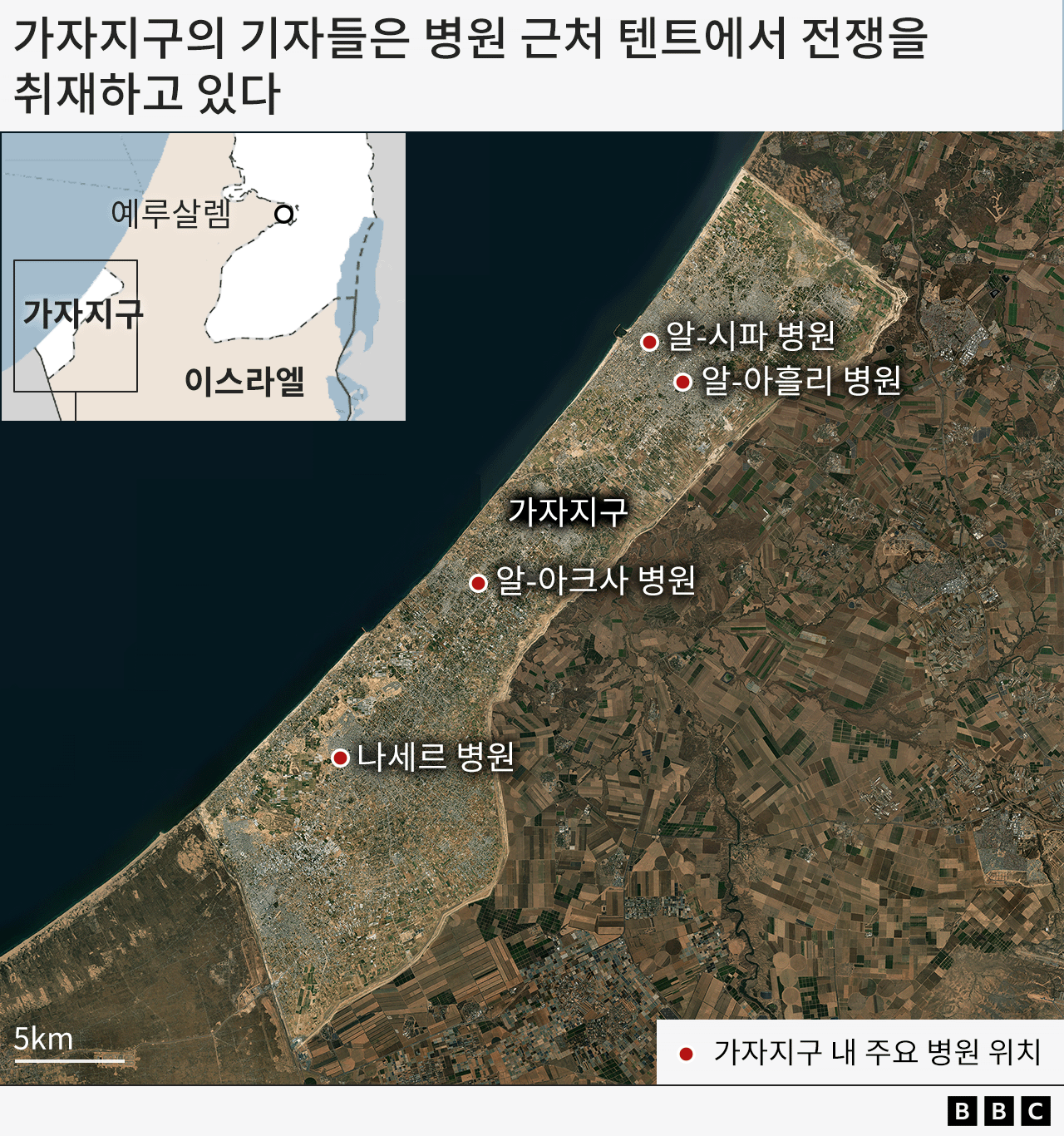 가자 지구 내 주요 병원의 위치