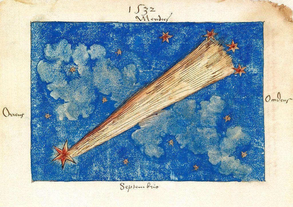 Boceto en acuarela etiquetado como el cometa de 1532, originalmente encuadernado en un libro de citas del siglo XVI. El cometa se representa con una cola recta y se muestra reposando frente a las nubes en el cielo.
