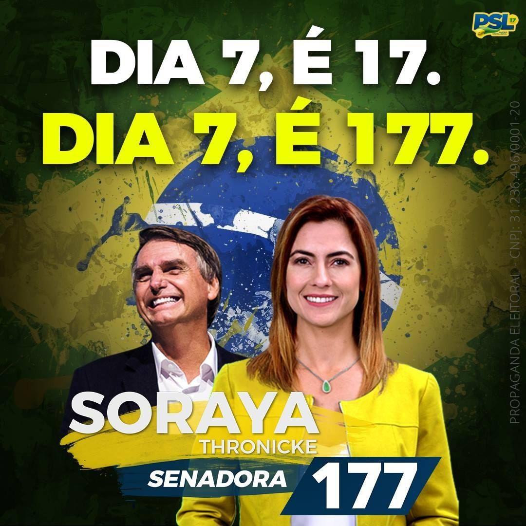 Imagem mostra a foto de Soraya Thronicke, vestindo uma roupa amarela, com Jair Bolsonaro atrás e uma bandeira do Brasil no fundo. 