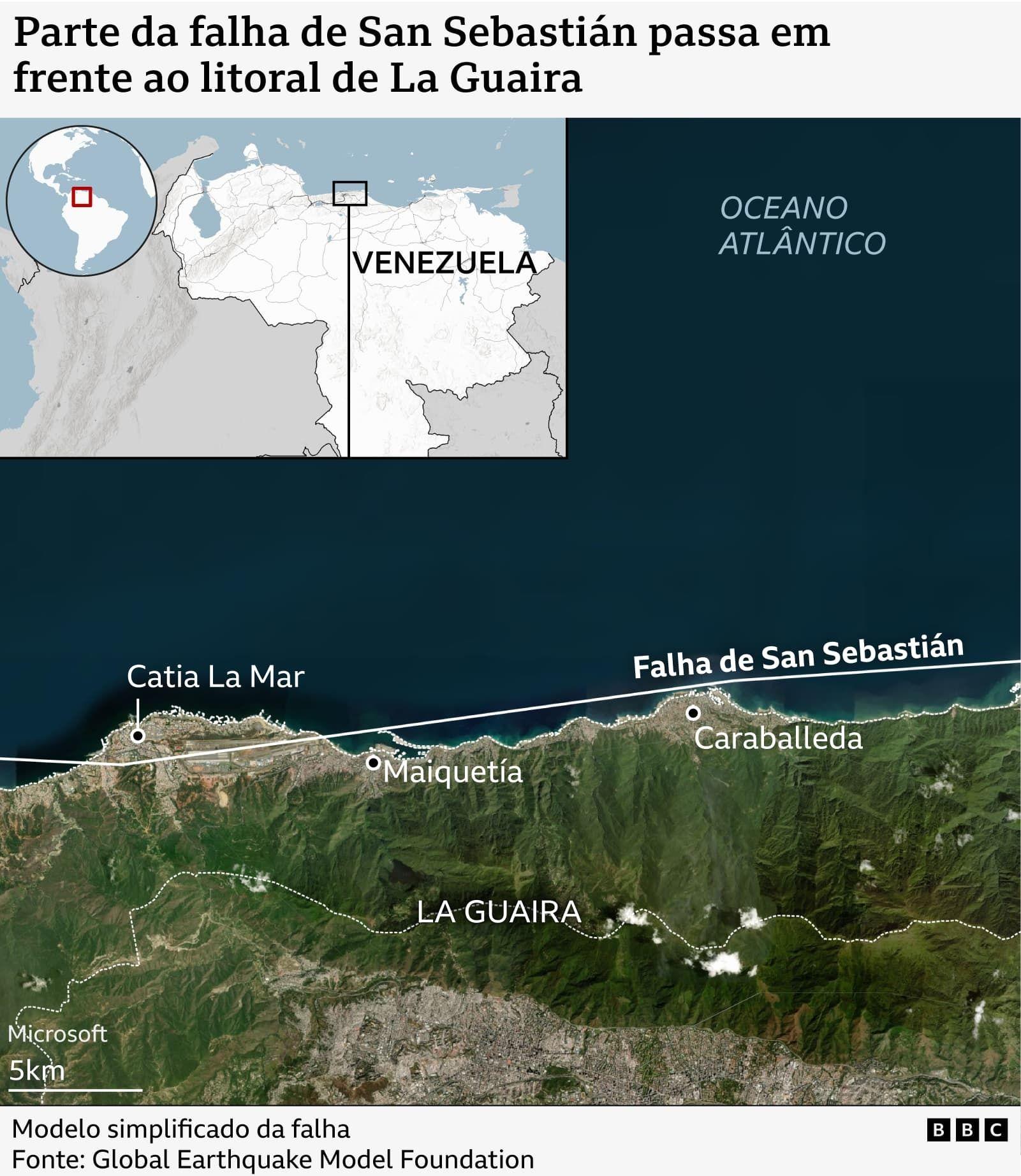 Mapa de La Guaira com a falha de San Sebastián