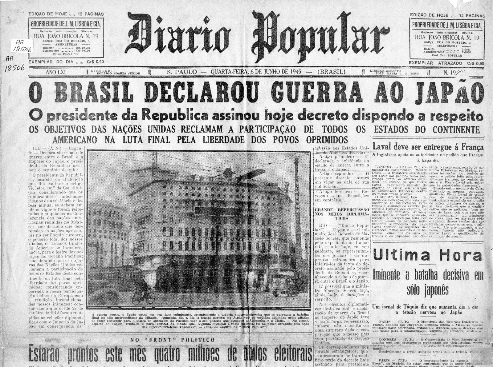Jornal de junho de 1945 anuncia que Brasil declarou guerra ao Japão.