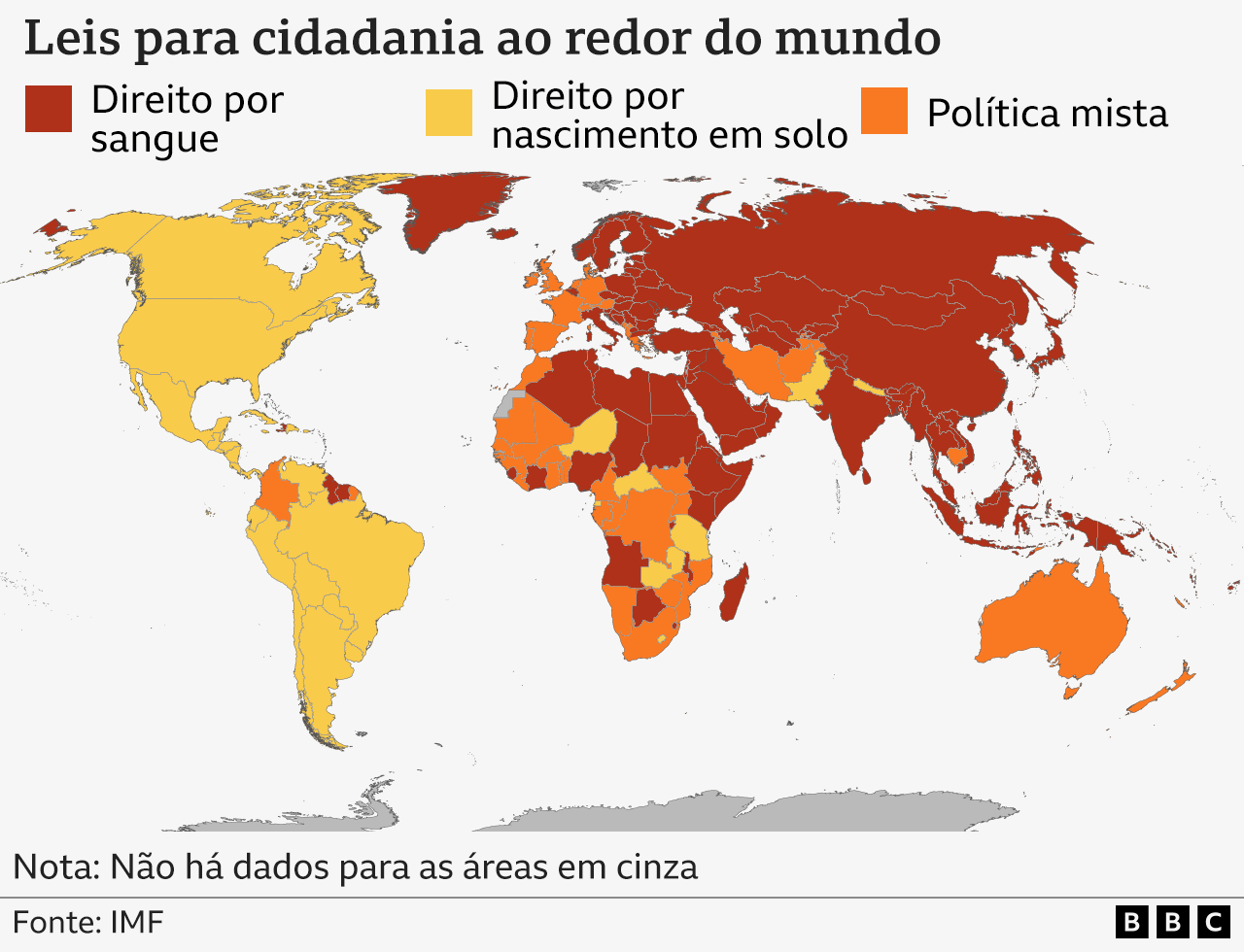Mapa mostrando que a maioria dos pa&iacute;ses da Am&eacute;rica concede a cidadania por nascimento em solo nacional; grande parte da &Aacute;sia, da Europa Central e Oriental e do nordeste da &Aacute;frica concede por descend&ecirc;ncia; grande parte do sul e oeste da &Aacute;frica, muitos pa&iacute;ses da Europa Ocidental e a Austr&aacute;lia t&ecirc;m pol&iacute;ticas mistas
