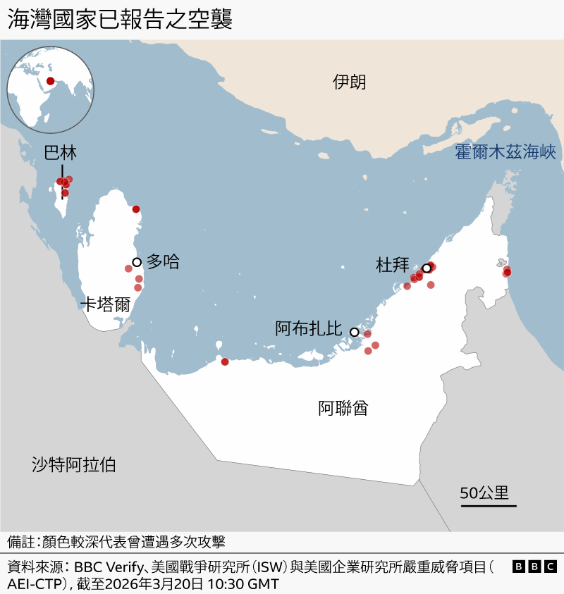地圖顯示了伊朗最近對阿聯酋、巴林和卡達的攻擊地點，並用紅點標示。