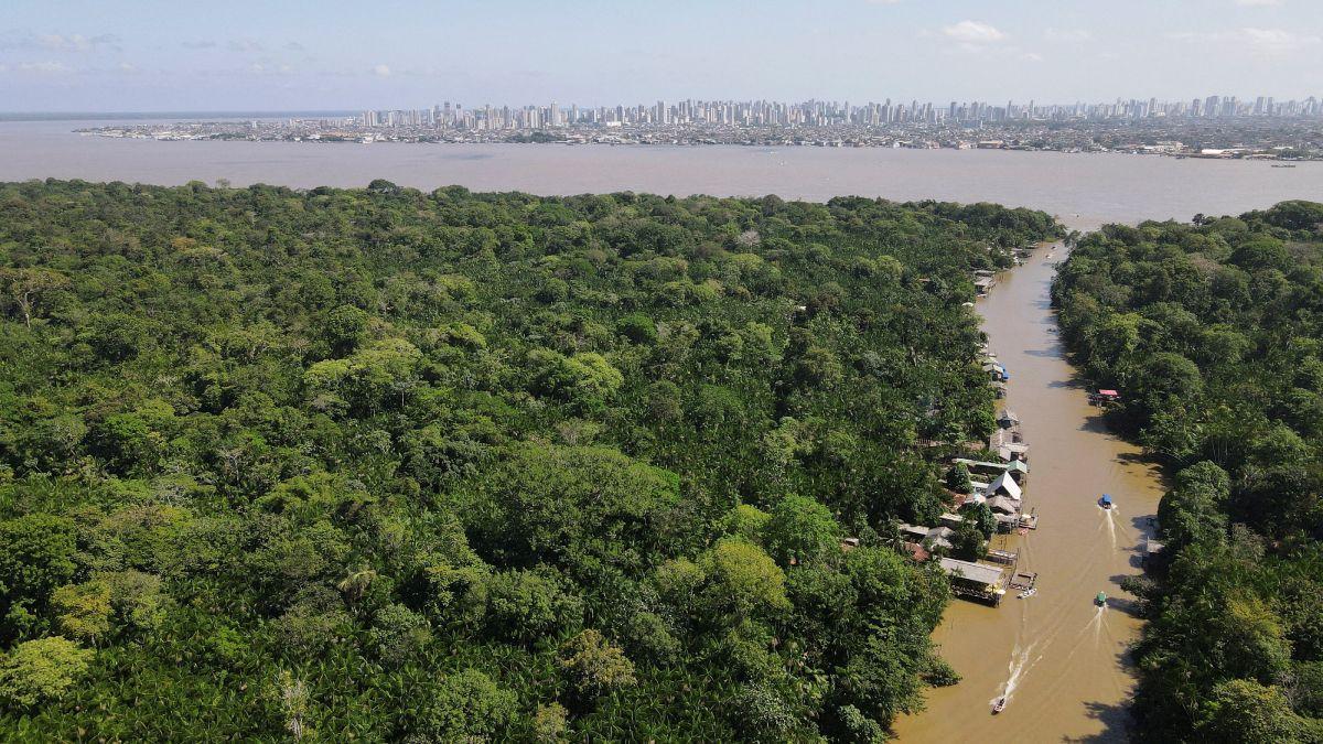 Uma imagem de drone mostra a floresta amazônica e a cidade de Belém ao fundo, antes da COP30, na Ilha do Combu, em Belém