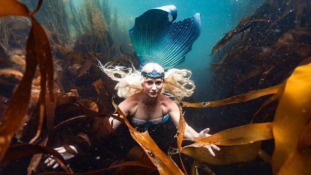 Mulher vestida de sereia nadando debaixo d'&aacute;gua