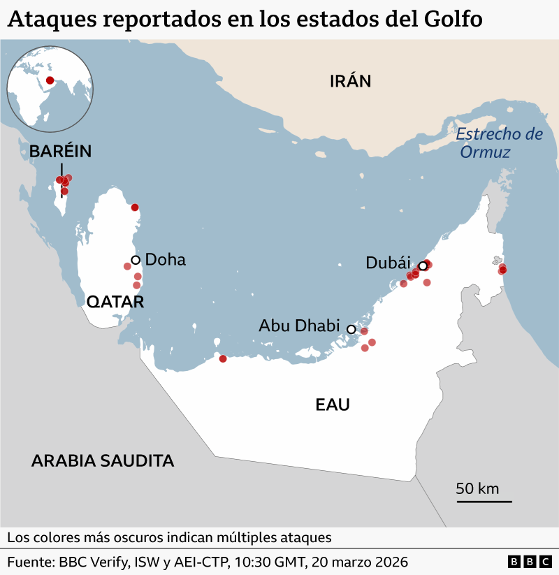 Un mapa muesta los países del Golfo atacados por Irán.