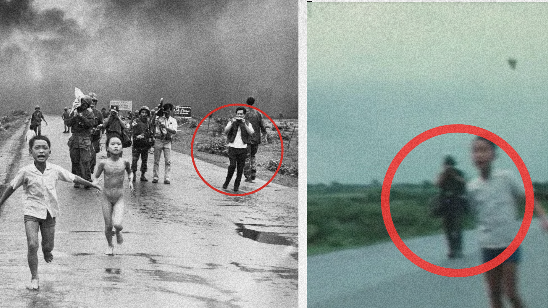 Ngujen Tan Nge se može videti na još jednoj slici istog događaja kako drži foto-aparat nalik pentaksu (levo), Nik Ut, u zaštitnoj opremi, na video snimcima (desno)