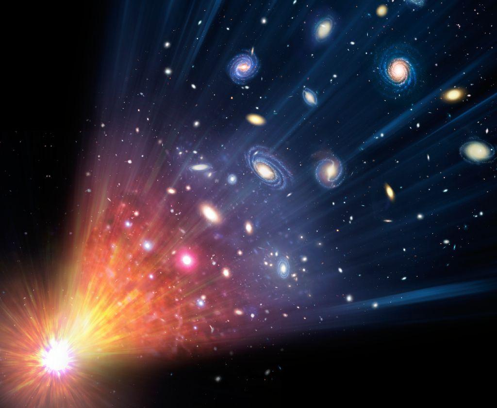 Big Bang y universo en expansión. Ilustración que muestra la expansión del universo a lo largo del tiempo (de abajo a la izquierda a arriba a la derecha). 