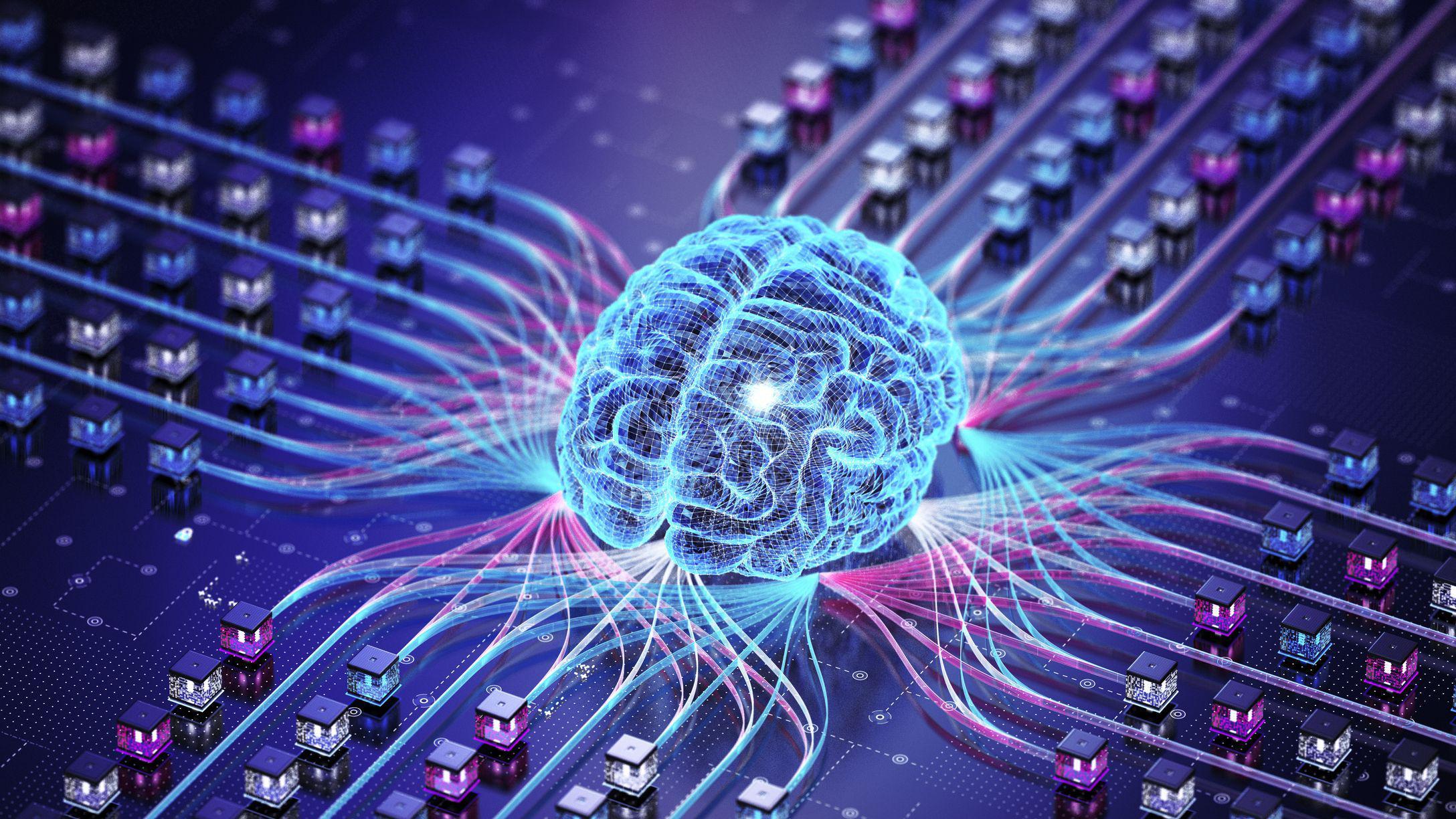 Ilustração mostra cérebro humano no lugar de um chip, com luzes conectando aos demais componentes de um circuito eletrônico