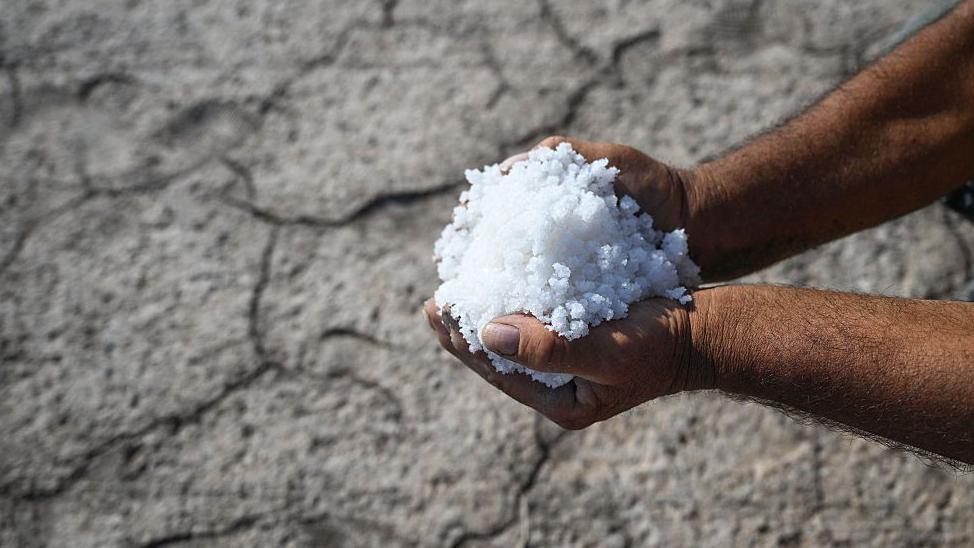 Un hombre sostiene sal muy blanca con sus manos mientras al fondo se ve un terreno agrietado por la sequedad. 