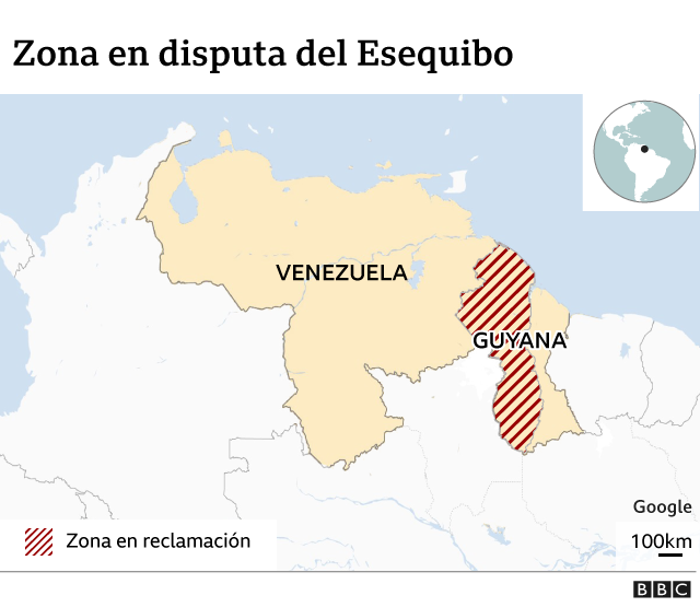 mapa de Venezuela con la zona en reclamación del Esequibo