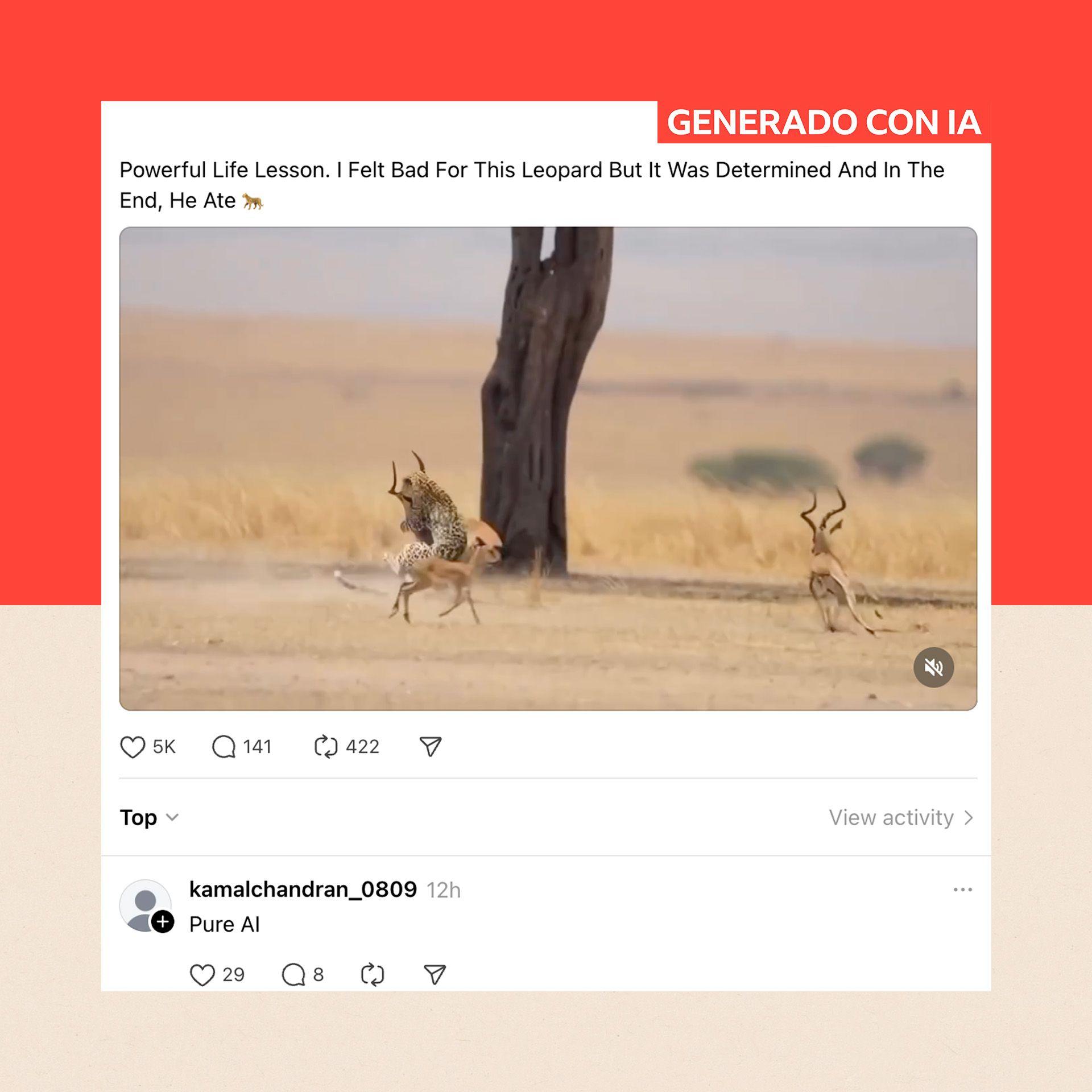 Una imagen generada por IA, publicada en Facebook, muestra una falsa cacería de un leopardo; debajo, un comentario dice "Pura IA".