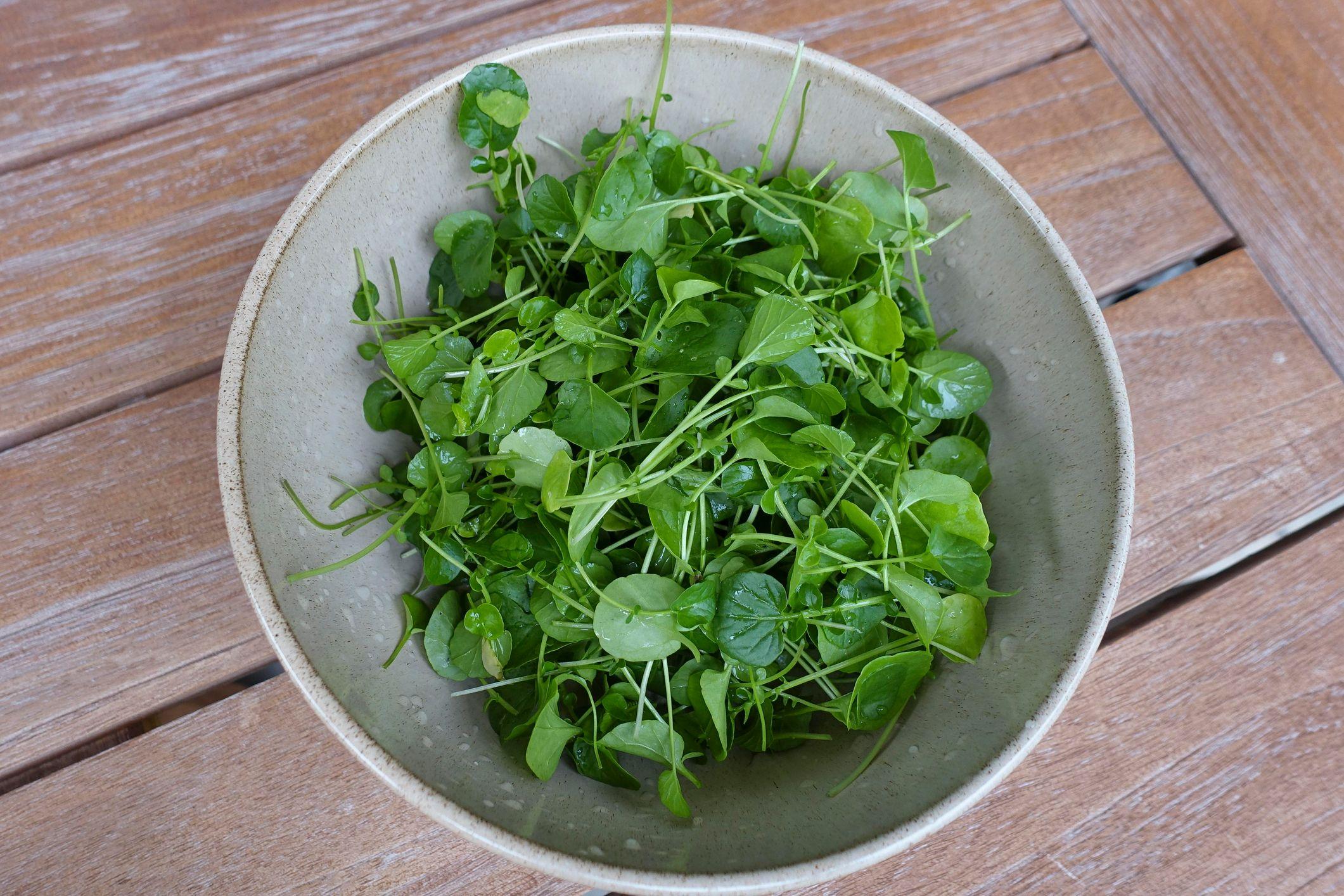 Tigela branca contendo agri&atilde;o sobre uma mesa de madeira