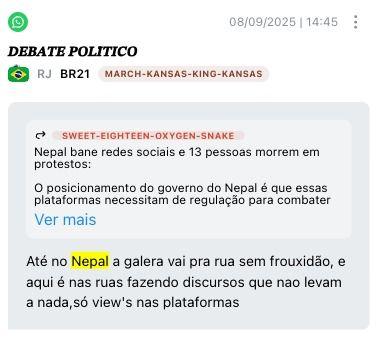 Exemplo de postagem em grupo de WhatsApp da direita sobre o Nepal