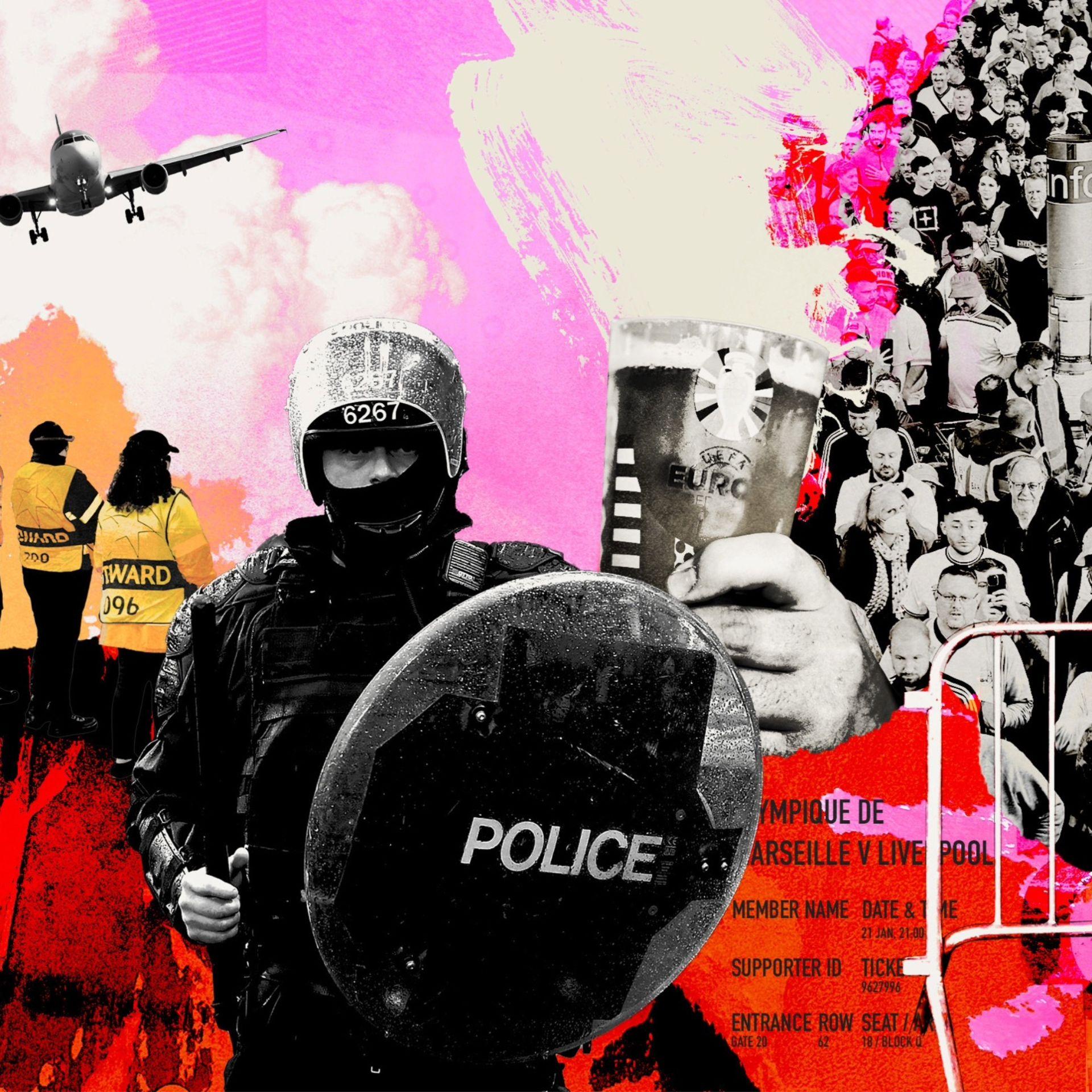 Ilustracija koja prikazuje policajce za razbijanje demonstracija, redare i fudbalske navijače 