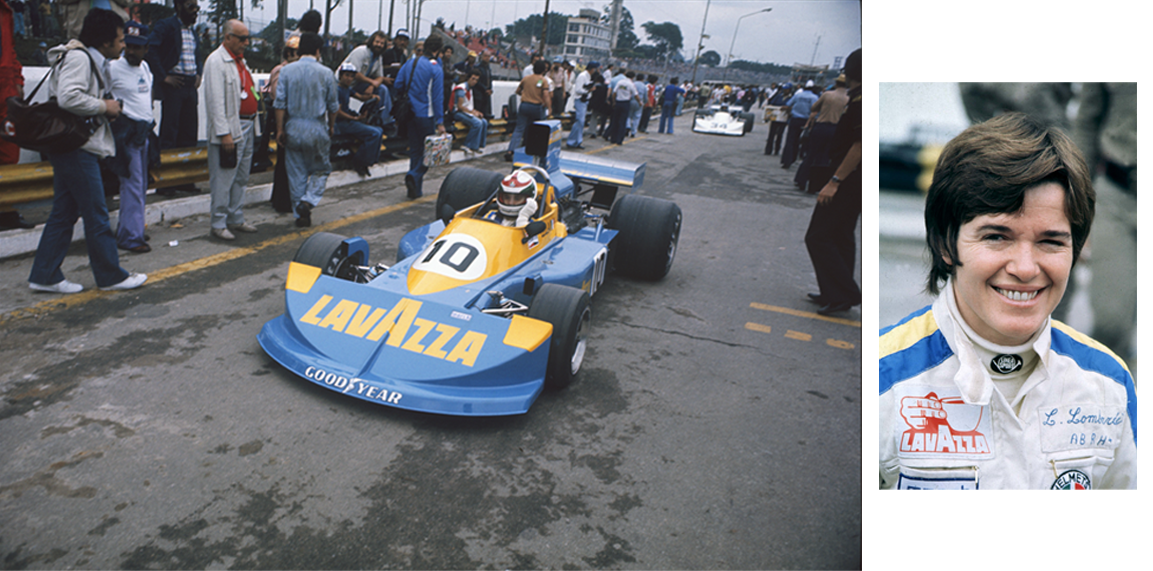 Lella Lombardi no carro Ford March 761 Ford no Grande Pr&ecirc;mio do Brasil de 1976, em Interlagos, S&atilde;o Paulo