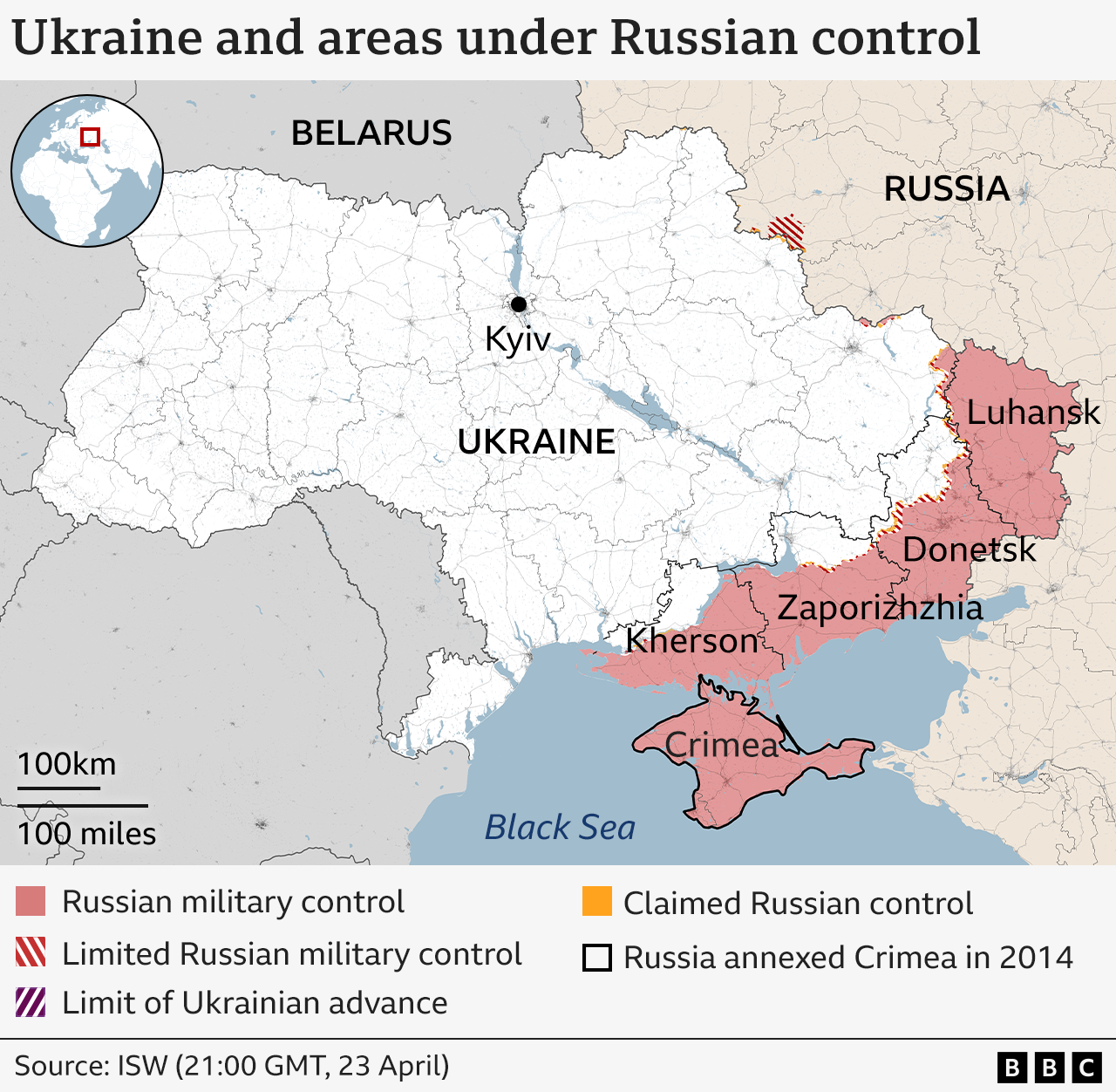 Map showing Ukraine and areas under Russian control