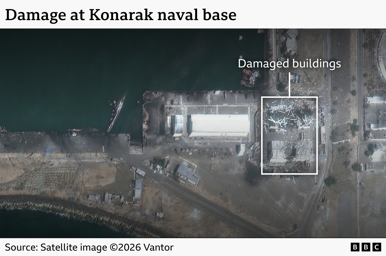 An image highlighting damaged buildings at Konarak Naval base. 