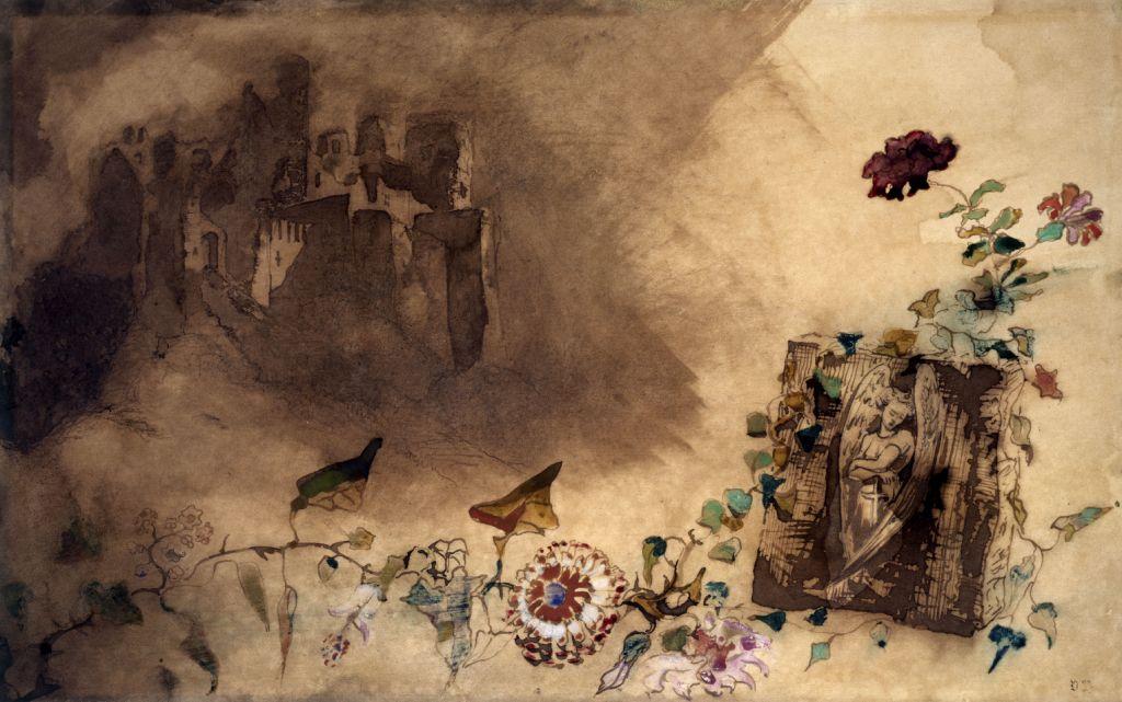 Un castillo en el fondo y en primer plano, flores y escultura de un ángel (Pluma y aguada de tinta parda sobre lápiz de grafito, acuarela, gouache y raspaduras sobre papel, 21,2 x 34,2 cm.)