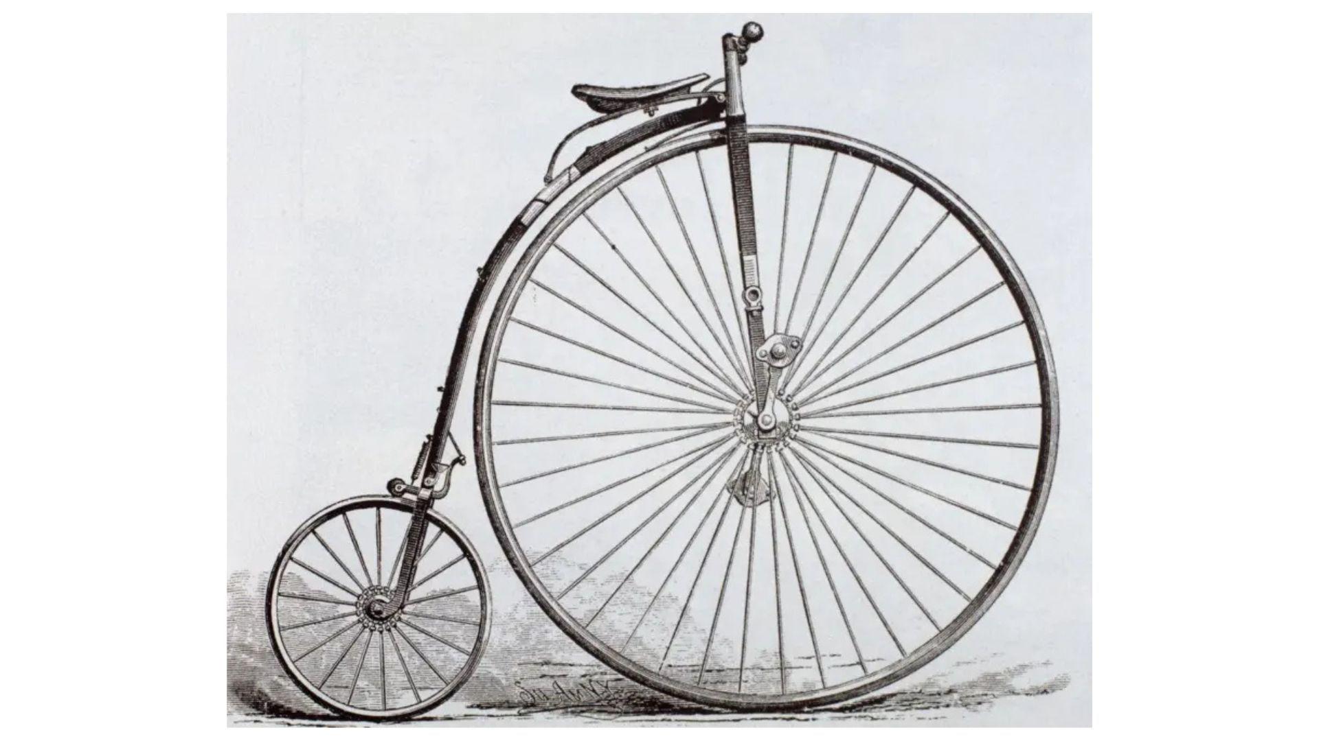 Ilustração de uma bicicleta penny-farthing, mostrando a grande roda dianteira e a roda traseira pequena