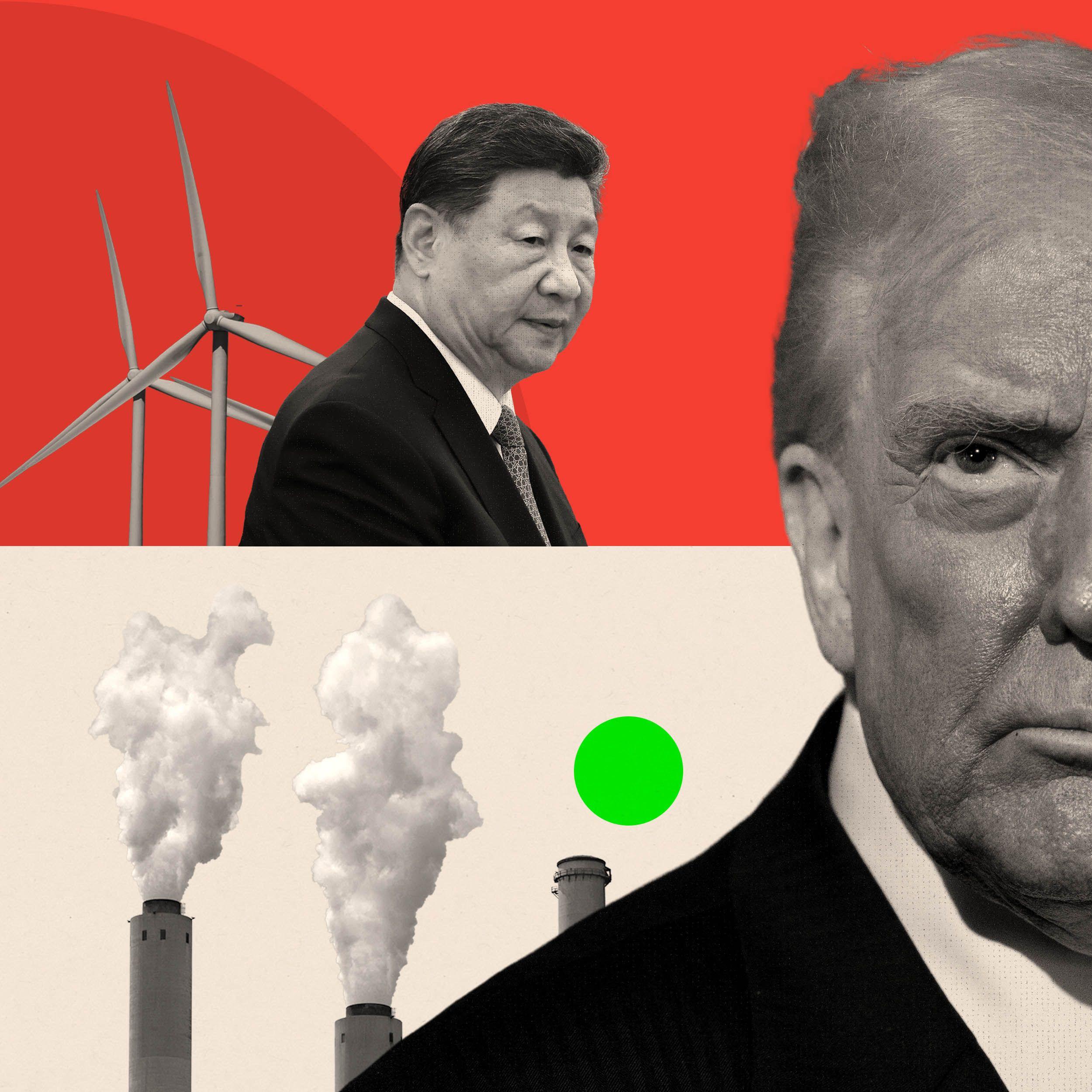 一張拼貼圖片，呈現習近平、風力發電機，以及唐納德·特朗普（BBC/Getty Images）