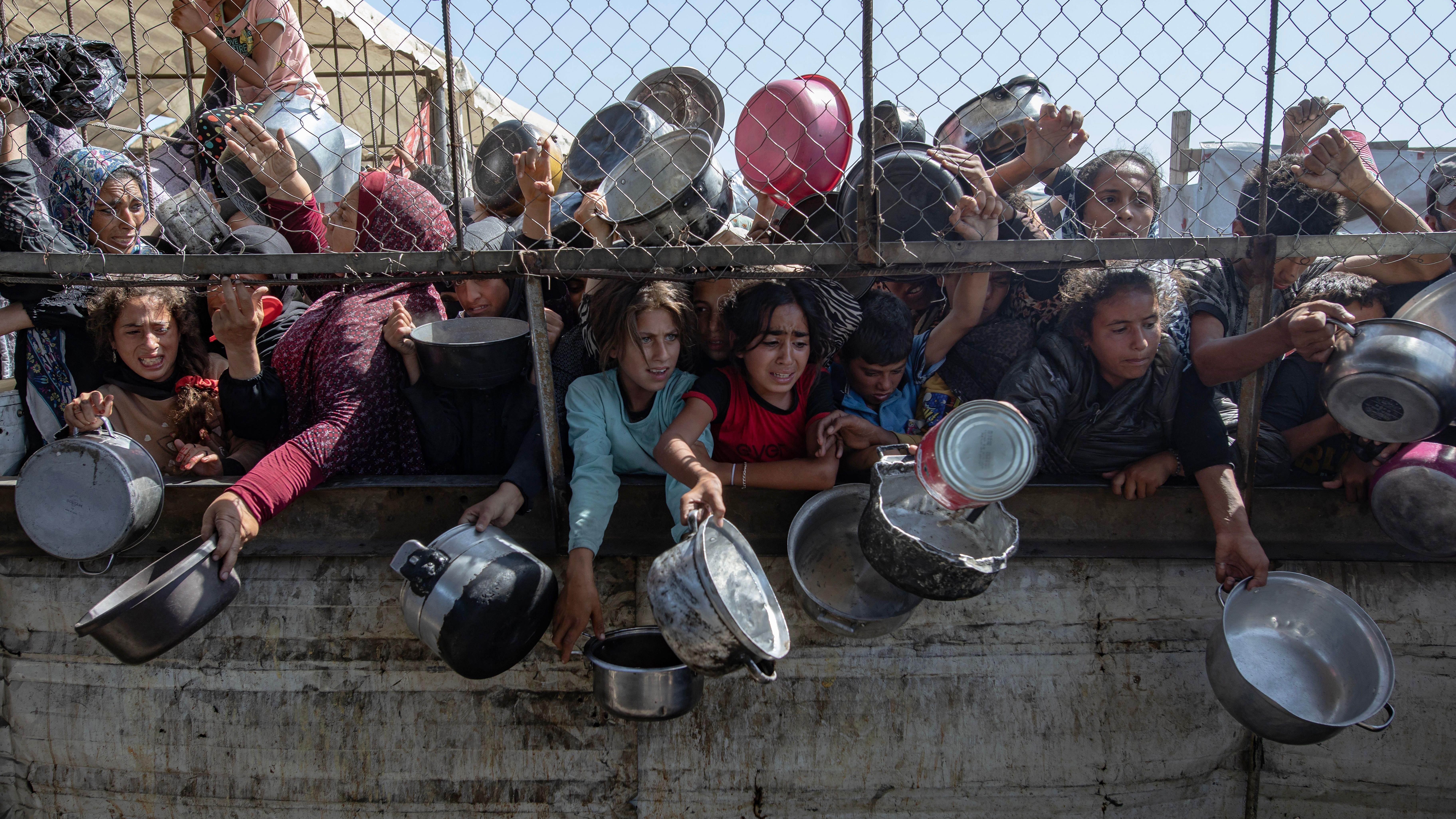 Una fotografía de niños palestinos en la Franja de Gaza haciendo cola para recibir una comida.