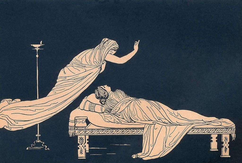 Desenho mostra uma mulher deitada na cama e outra no ar falando com ela