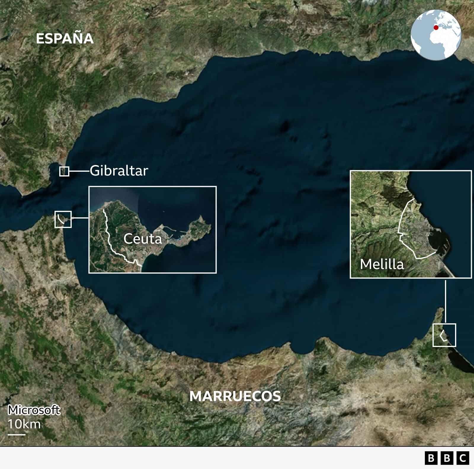 Mapa que muestra Marruecos y el sur de España, con la ubicación de Ceuta y Melilla.