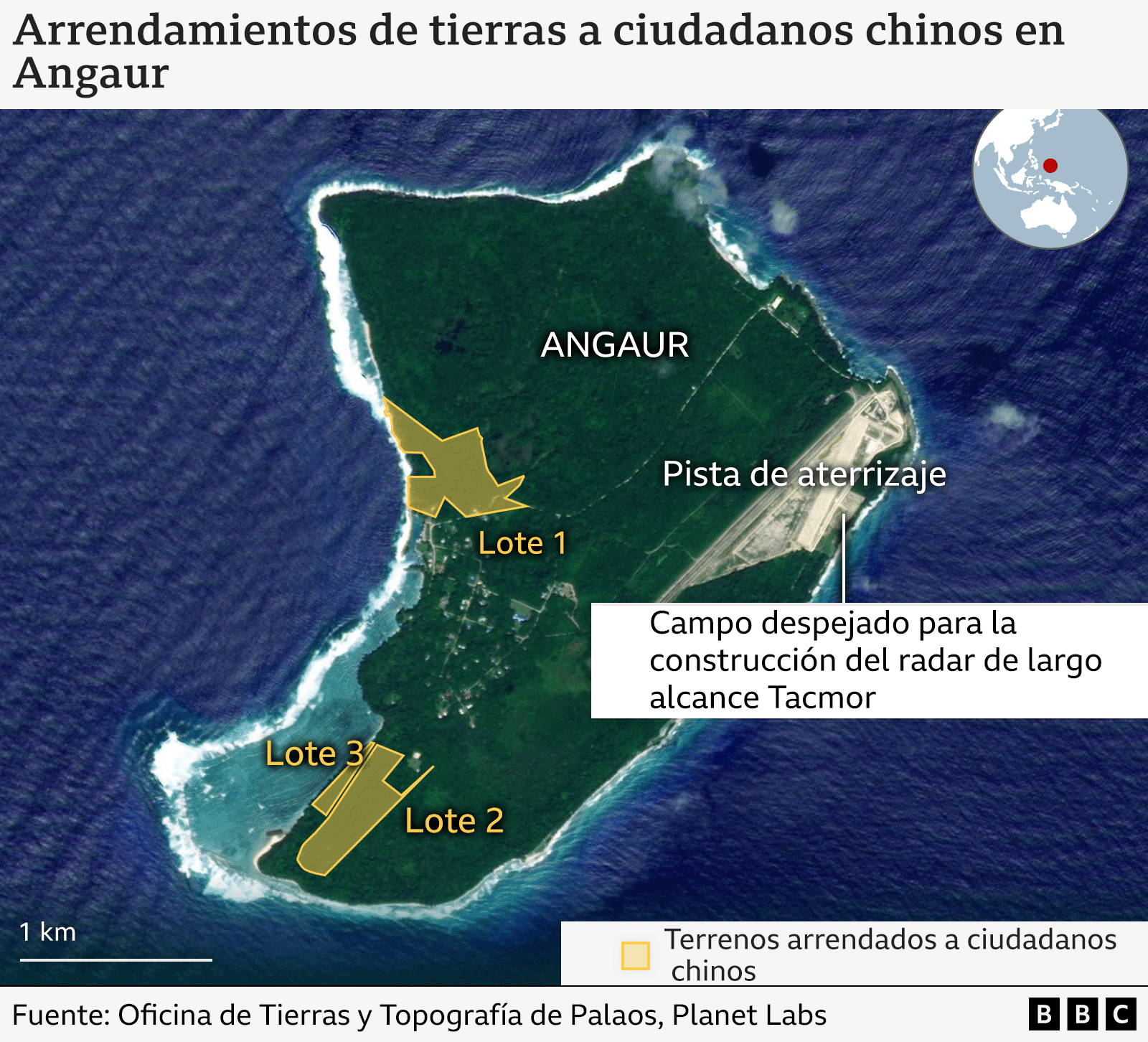 Empresas chinas han arrendado terrenos cerca de instalaciones militares estadounidenses, lo que ha suscitado preocupación en Washington sobre el propósito de estos arrendamientos. Este mapa muestra el terreno arrendado a un ciudadano chino en la isla de Angaur.