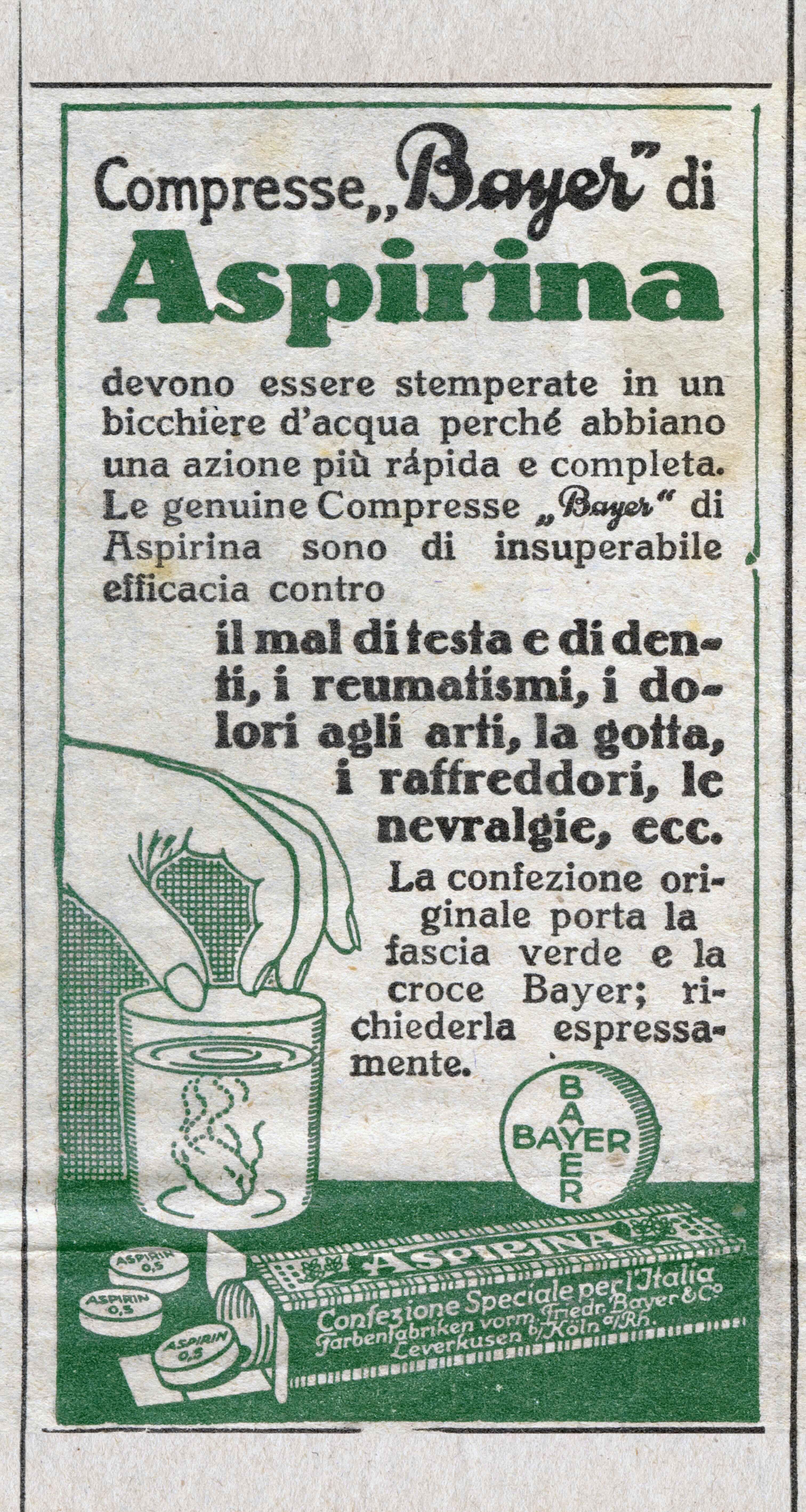 Publicidad en italiano de aspirina de principios del siglo XX