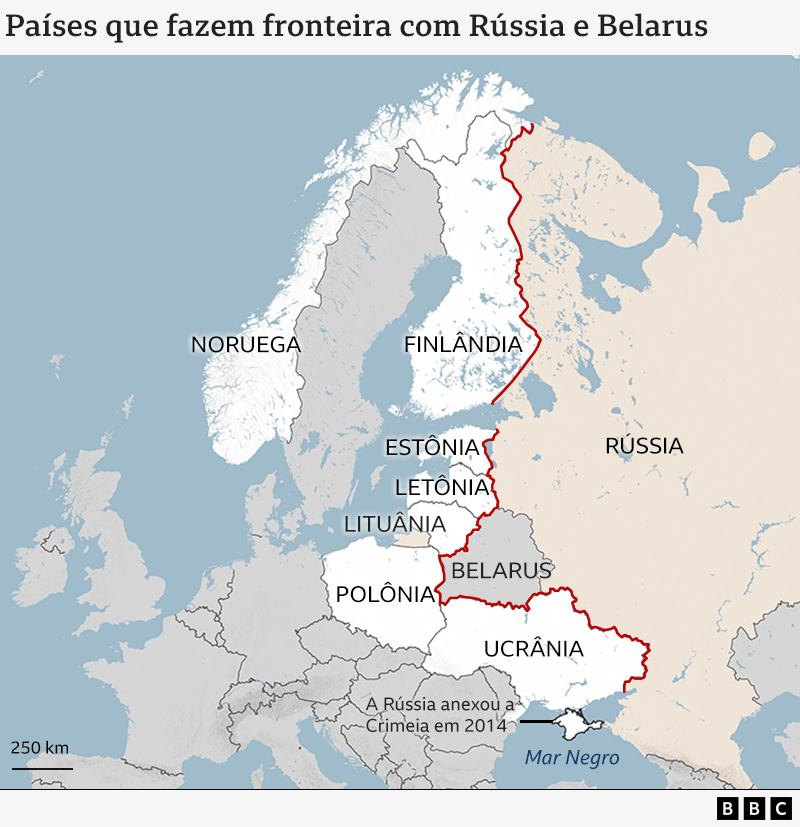 Um mapa mostrando os países que fazem fronteira com Rússia e Belarus, como Finlândia, Estônia e Polônia