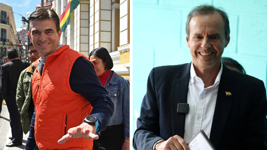 Composición de dos imágenes de los candidatos a la presidencia de Bolivia Rodrigo Paz (izquierda, con gesto sonriente y un chaleco rojo) y Jorge Tuto Quiroga (derecha, sonriente, con chaqueta oscura y camisa blanca).