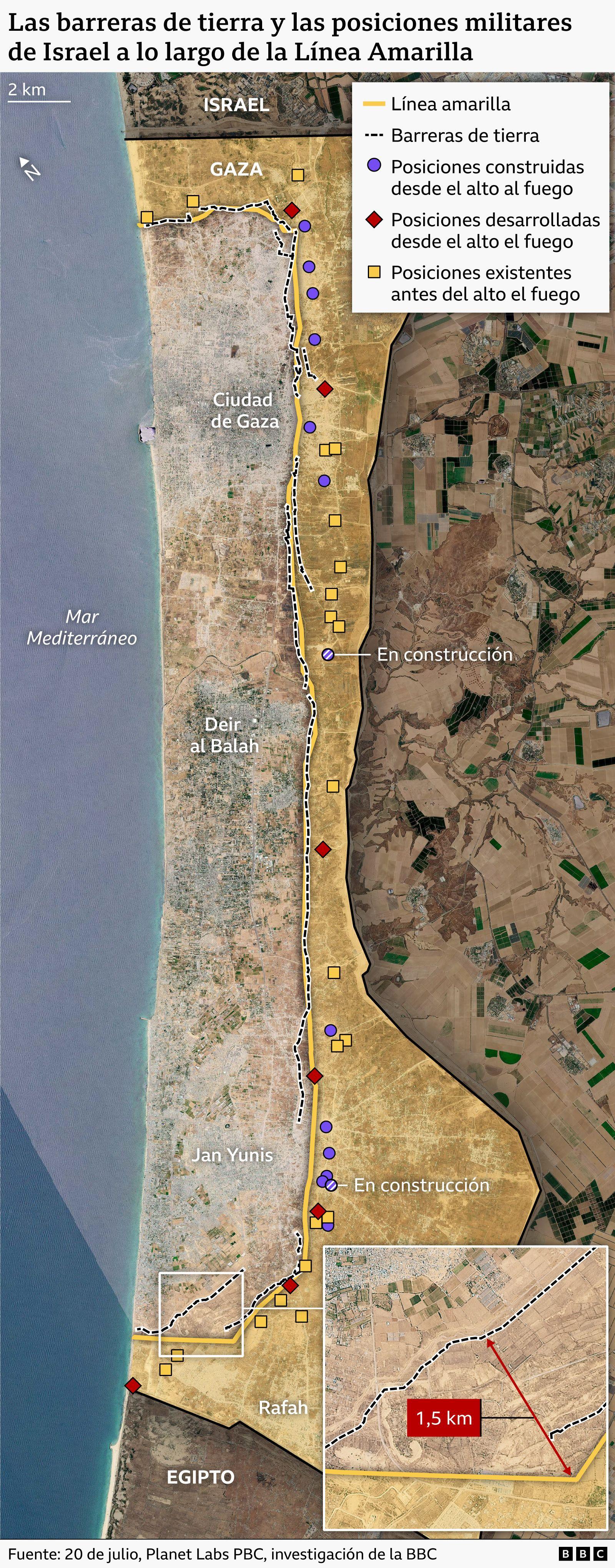 Las barreras de tierra y las posiciones militares de Israel se muestran a lo largo de la Línea Amarilla en el mapa, incluidas las posiciones que existían antes del alto el fuego, las posiciones desarrolladas desde el alto el fuego y las posiciones construidas desde el alto el fuego. 