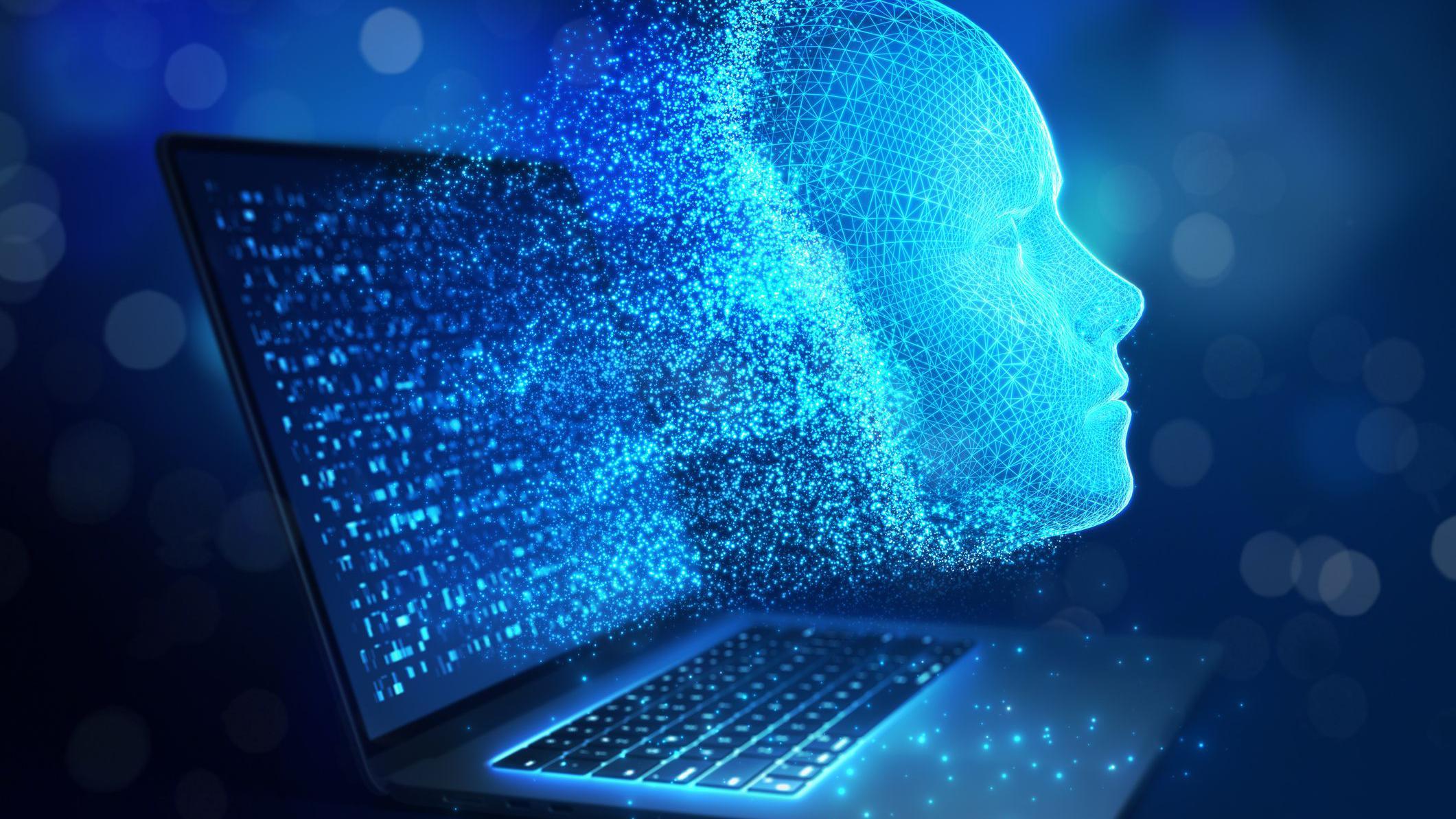 imagen que ilustra desocntrol, los datos saliendo de un computador y tomando vida propia en forma de cabeza humana