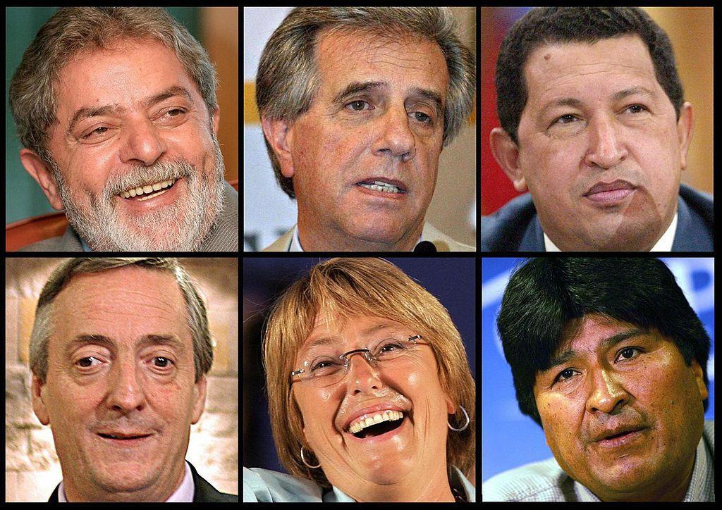 Montagem da esquerda para direita: Lula, presidente do Brasil; Tabaré Vázquez, do Uruguai; Hugo Chávez, da Venezuela; Néstor Kirchner, da Argentina; Michelle Bachelet, do Chile; e Evo Morales, da Bolívia.