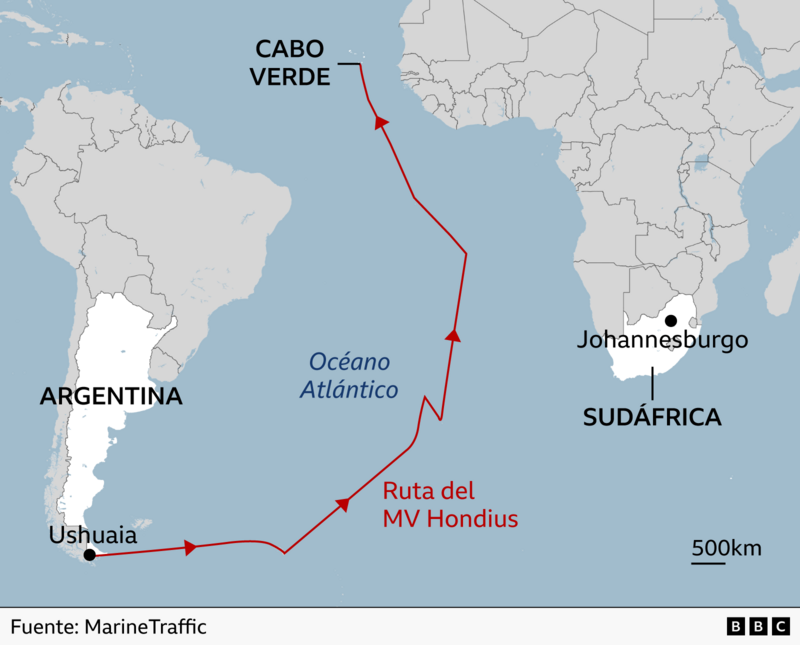 Mapa que muestra el trascurso del barco MV Hondius desde Argentina hasta Cabo Verde.